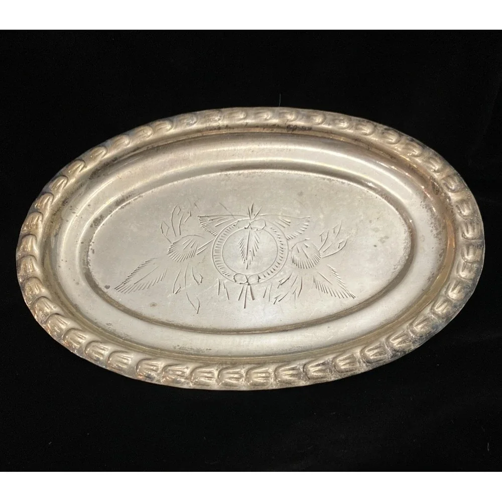 VTG Silver Plate Bread Plate Trinket Tray AMC India Floral Engraved Moradabad